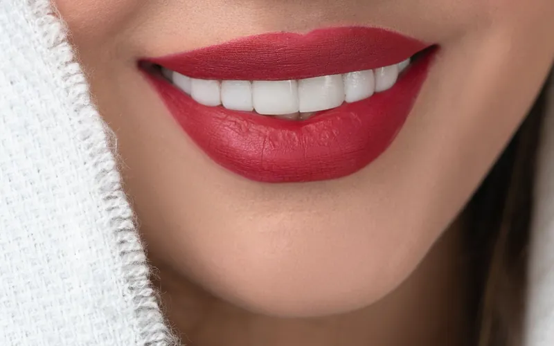 Sonrisa de una mujer con dientes blancos y armónicos, el objetivo de un diseño de sonrisa
