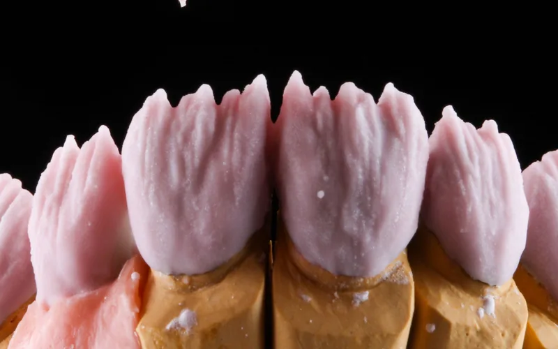 Coronas modeladas en cera rosa sobre muñones de escayola en el laboratorio, con el cuello de cada pieza a la vista