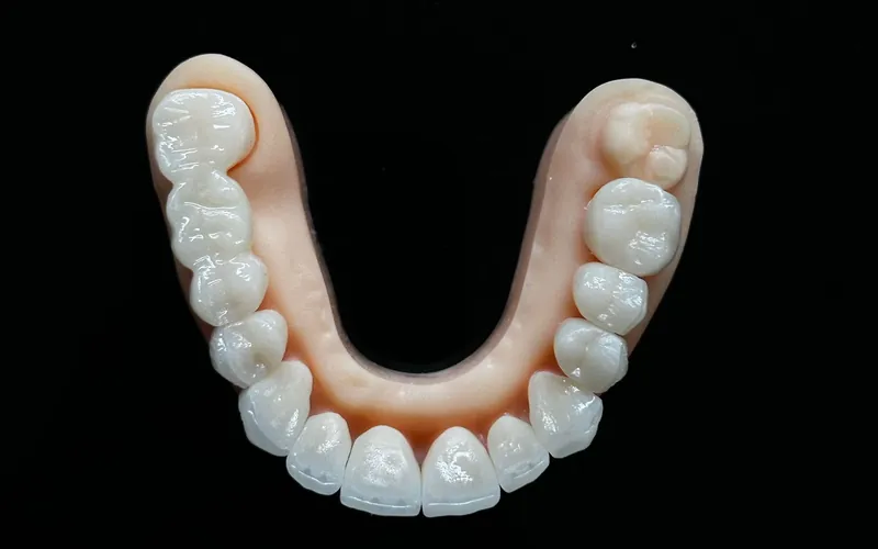 Prótesis dental de zirconio de arcada completa con encía rosada sobre fondo negro